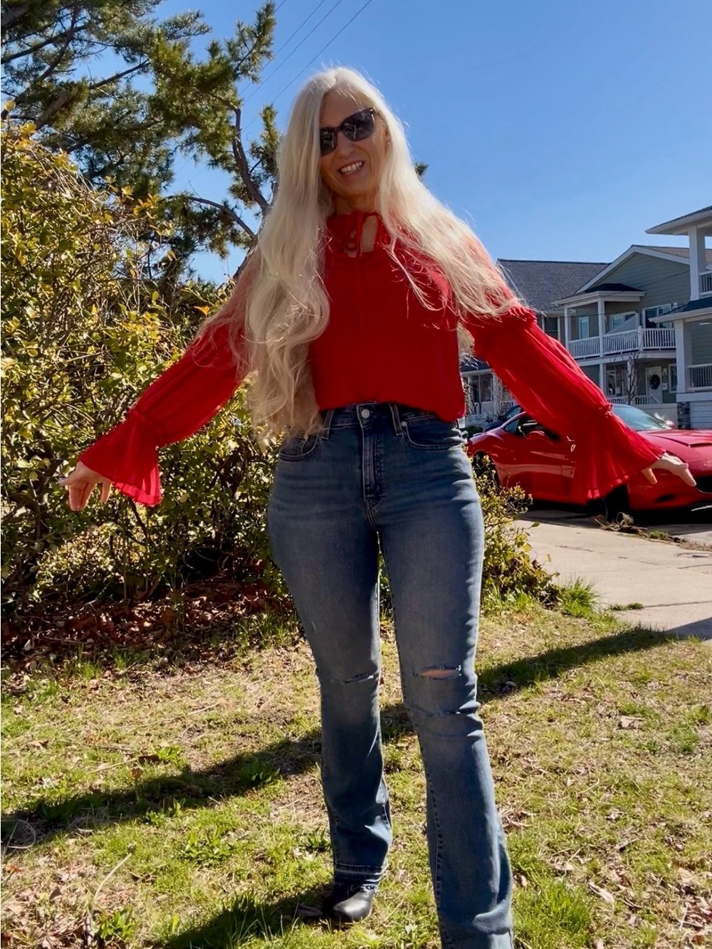 Max Studio London Red Ruffled Neck Tie Blouse Long Sleeve women size S
